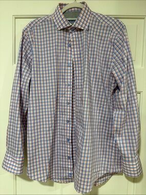 Twillory Performance Dress Shirt 16 32/33 Tailored Fit Blue Peach Gingham